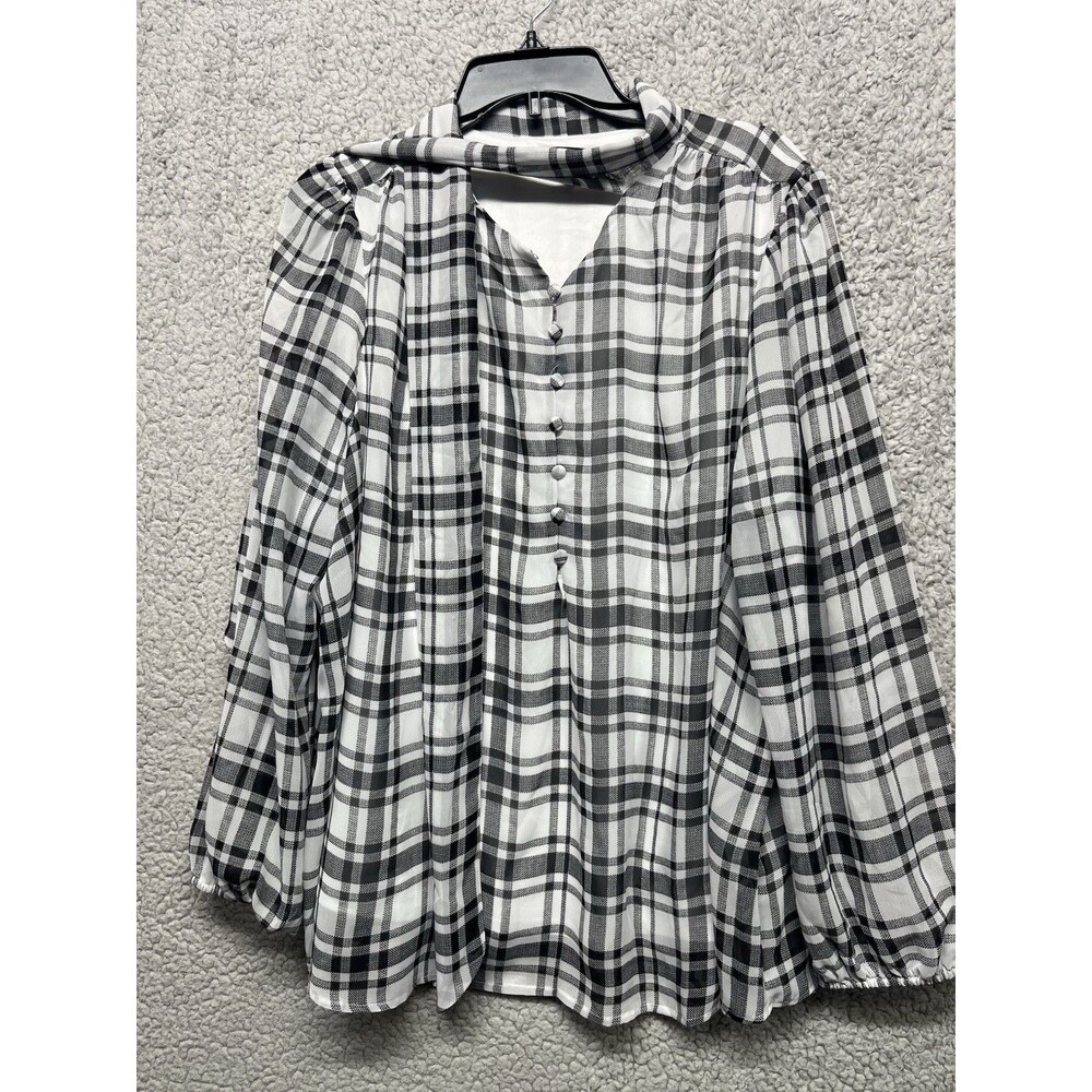 Lane Bryant Women Plaid Blouse size 16 Black White Tie Neck Top